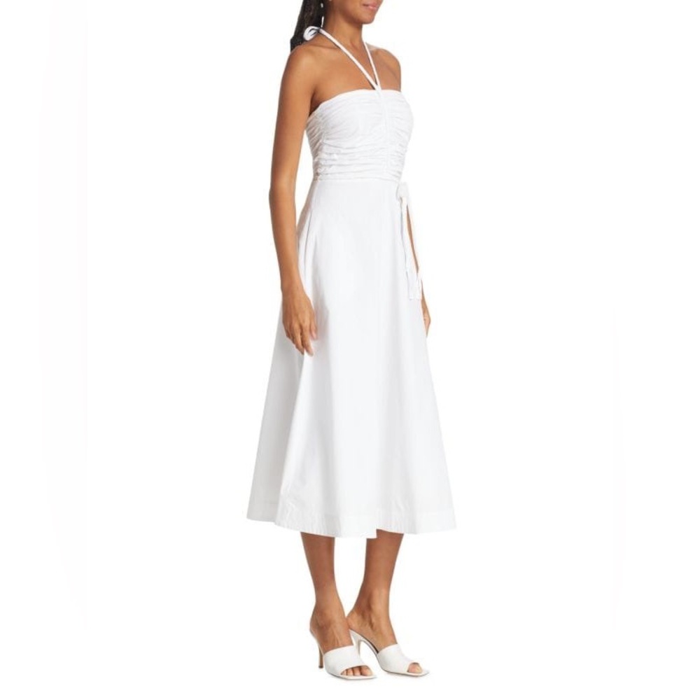VERONICA BEARD white Tucker Ruched Halter Midi Dress, 4